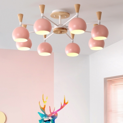 Wooden Chandelier with Globe Shade Nordic Macaron 3/6/8 Lights Hanging Light for Kids