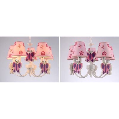 Cute Butterfly 3/5 Lights Suspended Lamp Pink Fabric Shade Chandelier Light for Girls Room