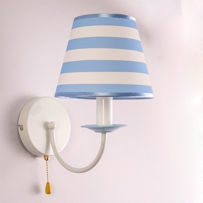 Sky Blue Conical Sconce Lighting Nautical Style Fabric 1 Light Wall Light Fixture with Pull Chain