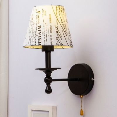 Single Light Cone Wall Sconce Vintage Traditional Fabric Pull Chain Wall Light in Black