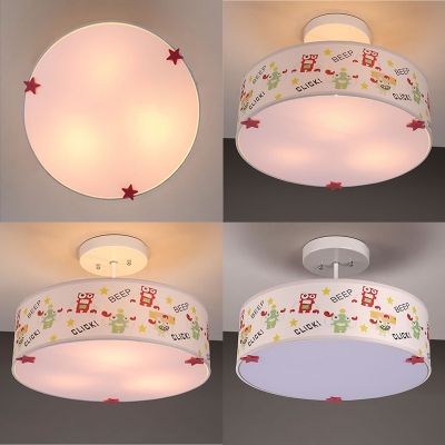 Drum Shade Ceiling Light with Safari Design Baby Kids Room Fabric Triple Lights Semi Flush Light in White