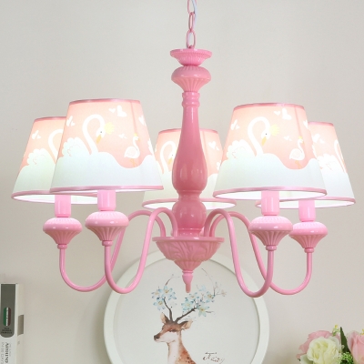 Pink Tapered Suspended Lamp with Swan Pattern Fabric Shade 5 Lights Hanging Lamp for Girls Room