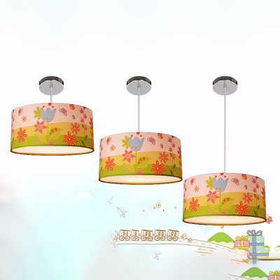 Lovely 3/5 Lights Drum Hanging Lamp Modern Baby Girls Bedroom Multicolored Fabric LED Suspension Light