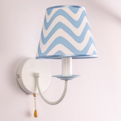 Sky Blue Conical Sconce Lighting Nautical Style Fabric 1 Light Wall Light Fixture with Pull Chain