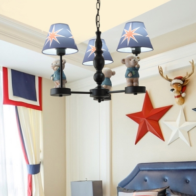 Bear Chandelier Lamp Lodge Style Fabric Shade 3/5 Lights Hanging Lamp in Black Finish for Baby Kids Room
