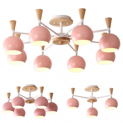 Wooden Chandelier with Globe Shade Nordic Macaron 3/6/8 Lights Hanging Light for Kids