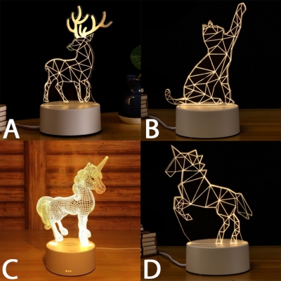 3D Effect Acrylic Deer/Cat/Unicorn/Horse LED Night Light Button Switch/USB Touch/Remote Control 