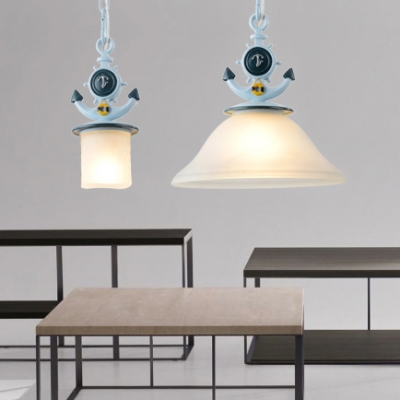 Adjustable Cylinder/Flared Pendant Light Kids White Glass 1 Light Hanging Pendant Light in Blue