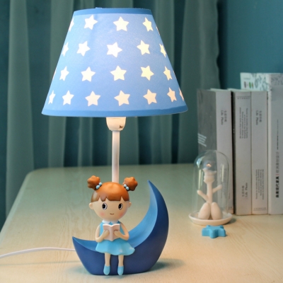 Adorable Star Design Table Light with Little Girls Decoration Bedroom Blue Fabric Shade 1 Light Reading Light