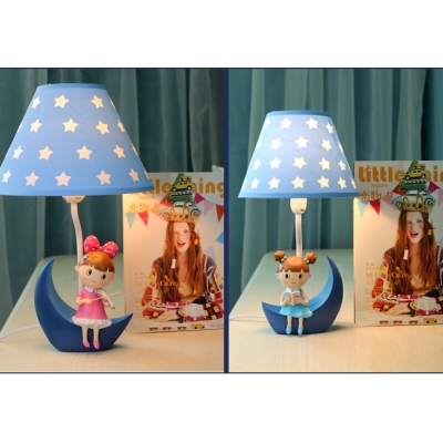 Adorable Star Design Table Light with Little Girls Decoration Bedroom Blue Fabric Shade 1 Light Reading Light