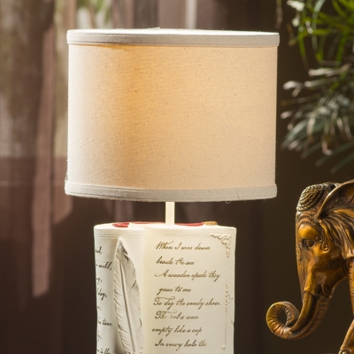 Cylinder Shade Table Light with Book Decoration Vintage Fabric 1 Bulb Table Lamp for Study Room