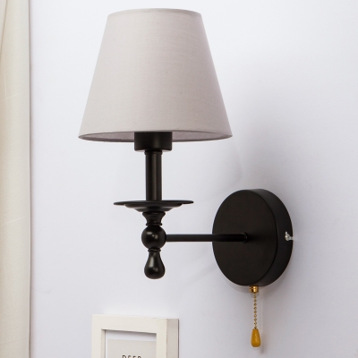 Single Light Cone Wall Sconce Vintage Traditional Fabric Pull Chain Wall Light in Black