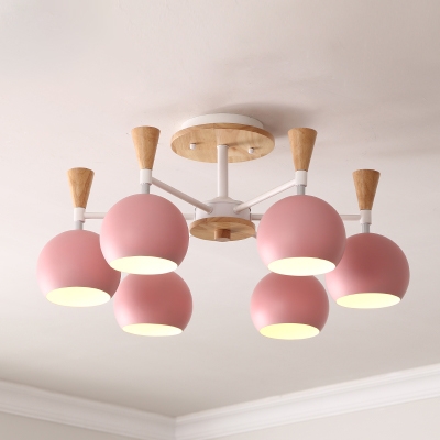 Wooden Chandelier with Globe Shade Nordic Macaron 3/6/8 Lights Hanging Light for Kids