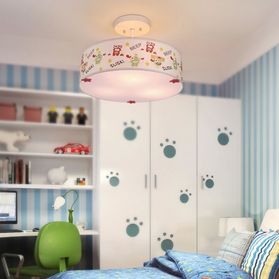 Drum Shade Ceiling Light with Safari Design Baby Kids Room Fabric Triple Lights Semi Flush Light in White