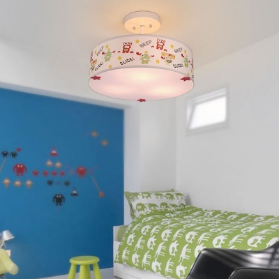 Drum Shade Ceiling Light with Safari Design Baby Kids Room Fabric Triple Lights Semi Flush Light in White