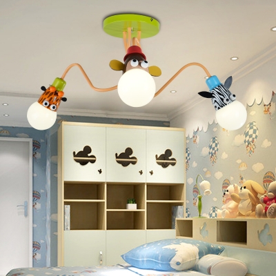 Zebra/Monkey/Giraffe Design Suspended Lamp Kindergarten Metal 3 Light Pendant Light in Multi Color