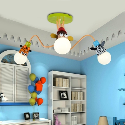 Zebra/Monkey/Giraffe Design Suspended Lamp Kindergarten Metal 3 Light Pendant Light in Multi Color