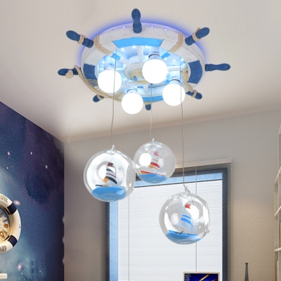 Multi Light Wheel Ship Ceiling Chandelier Nautical Boys Room Glass Shade Flush Mount Light in Blue