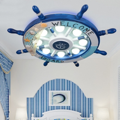 Blue Ship Wheel Ceiling Light Nautical Plastic 8 Lights Flush Mount Light for Kids Room