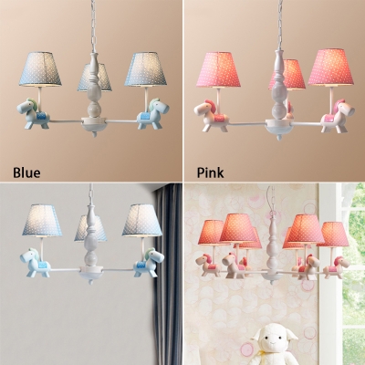 3/5 Lights Tapered Chandelier with Rocking Horse Baby Kids Room Blue/Pink Fabric Shade Hanging Lamp