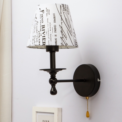 Single Light Cone Wall Sconce Vintage Traditional Fabric Pull Chain Wall Light in Black