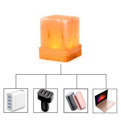 Pure Amber Color Himalayan Salt Lamp Square Bed Nightlight in Wooden Base