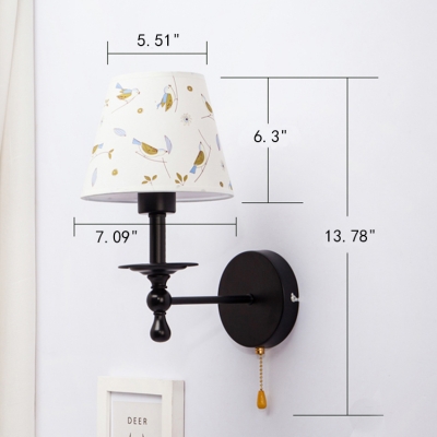 Single Light Cone Wall Sconce Vintage Traditional Fabric Pull Chain Wall Light in Black