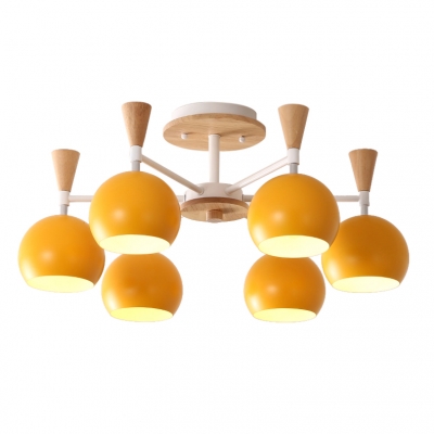 Wooden Chandelier with Globe Shade Nordic Macaron 3/6/8 Lights Hanging Light for Kids