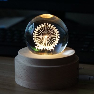 Chargeable Ferris Wheel/Anlter/Dandelion/Four-Leaf Clover Crystal Night Lamp with Wood Base 