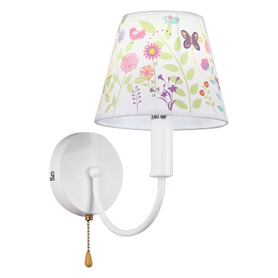 Curved Arm 1 Head Wall Lamp with Animal Pattern White Finish Fabric Shade Wall Light Fixture for Bedroom