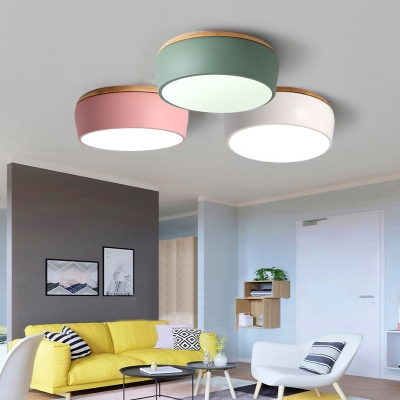 Macaron Modern Drum Flush Light Living Room Wooden LED Ceiling Fixture in Warm/White/Third Gear