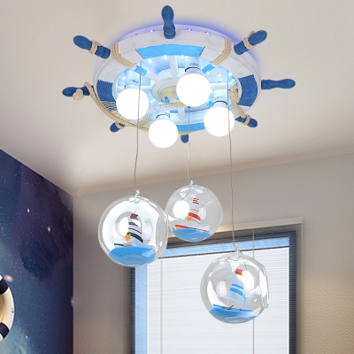 Multi Light Wheel Ship Ceiling Chandelier Nautical Boys Room Glass Shade Flush Mount Light in Blue