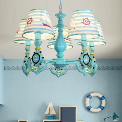 Mediterranean Anchor Island Chandelier Boys Room Fabric 5 Lights Hanging Light in Sky Blue