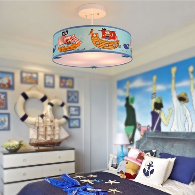 Drum 3 Light Semi Flush Light with Pirate Ship Nautical Boys Room Blue Acrylic Semi Ceiling Chandelier