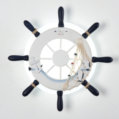 Mediterranean Ship Wheel Wall Lamp Boys Room Acrylic LED Wall Lighting in White/Blue