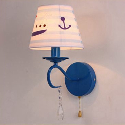 Nautical Tapered Boat Design Wall Lamp Children Fabric 1 Light Sconce Lighting in Navy Blue