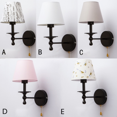 Single Light Cone Wall Sconce Vintage Traditional Fabric Pull Chain Wall Light in Black