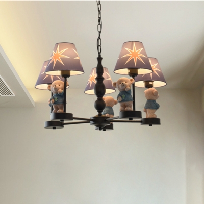 Bear Chandelier Lamp Lodge Style Fabric Shade 3/5 Lights Hanging Lamp in Black Finish for Baby Kids Room