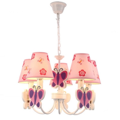 Cute Butterfly 3/5 Lights Suspended Lamp Pink Fabric Shade Chandelier Light for Girls Room