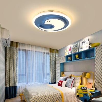 Dolphin White and Blue LED Kids Room Flush Ceiling Lamp