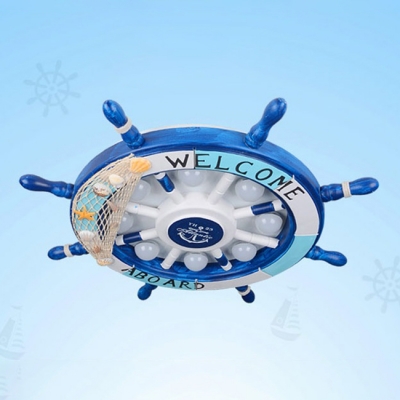 Blue Ship Wheel Ceiling Light Nautical Plastic 8 Lights Flush Mount Light for Kids Room