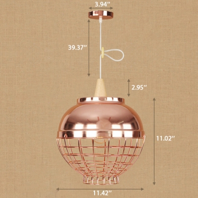 Industrial Style Wire Cage Hanging Pendant Light with Buffed Copper Shade Three Designs Available