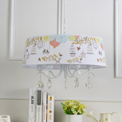 White Finish Drum Suspension Light with Crystal Fabric Shade 3/5 Bulbs Hanging Light for Kindergarten