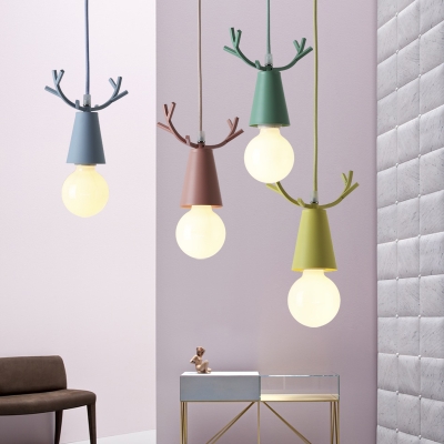 Antler Pendant Lamp Cartoon Modernism Kids Youth Bedroom Metal Single Light Hanging Light