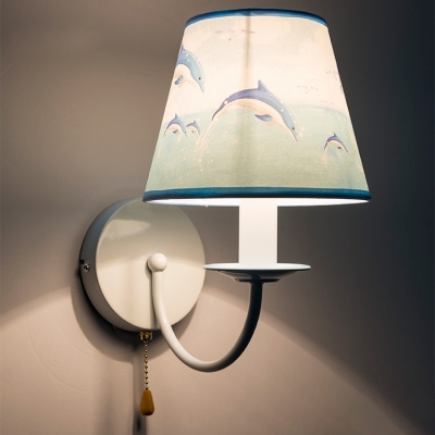 Sky Blue Conical Sconce Lighting Nautical Style Fabric 1 Light Wall Light Fixture with Pull Chain