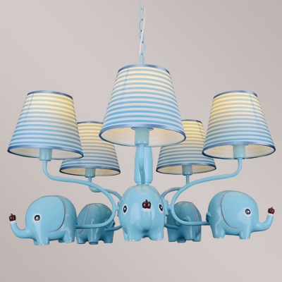 Strips Shade Hanging Lamp with Elephant Boys Girls Bedroom Fabric 5 Lights Lighting Fixture in Blue/Pink