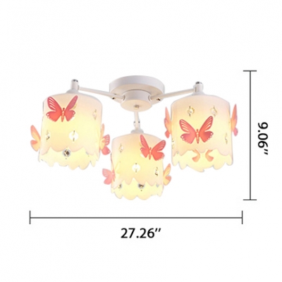 Country Crystal Balls Flushmount Light 3 Light Butterfly Flosted Glass Shade Ceiling Light in White