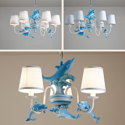 3/6 Lights Dolphin Island Chandelier Kids Room Fabric Suspension Light in Blue/Pink