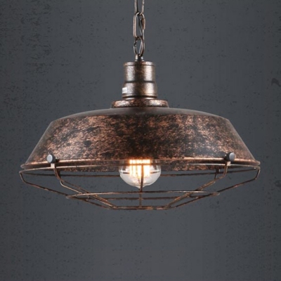 Industrial Style Mottled Rust Iron 1-Light Pendant Fixture with Metal Wire Cage