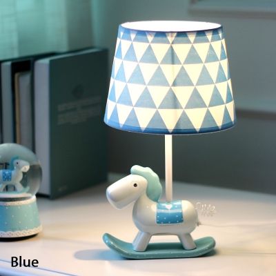 Single Light Rocking Horse Table Lamp Baby Kids Room Blue/Pink Fabric Shade Standing Table Light